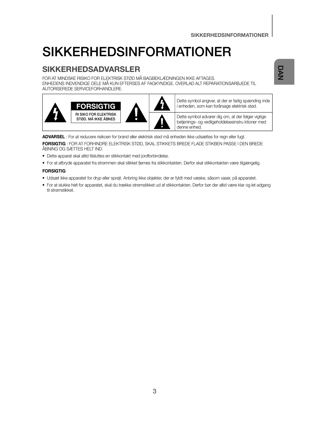 Samsung HW-J260/XE manual Sikkerhedsinformationer, Sikkerhedsadvarsler 