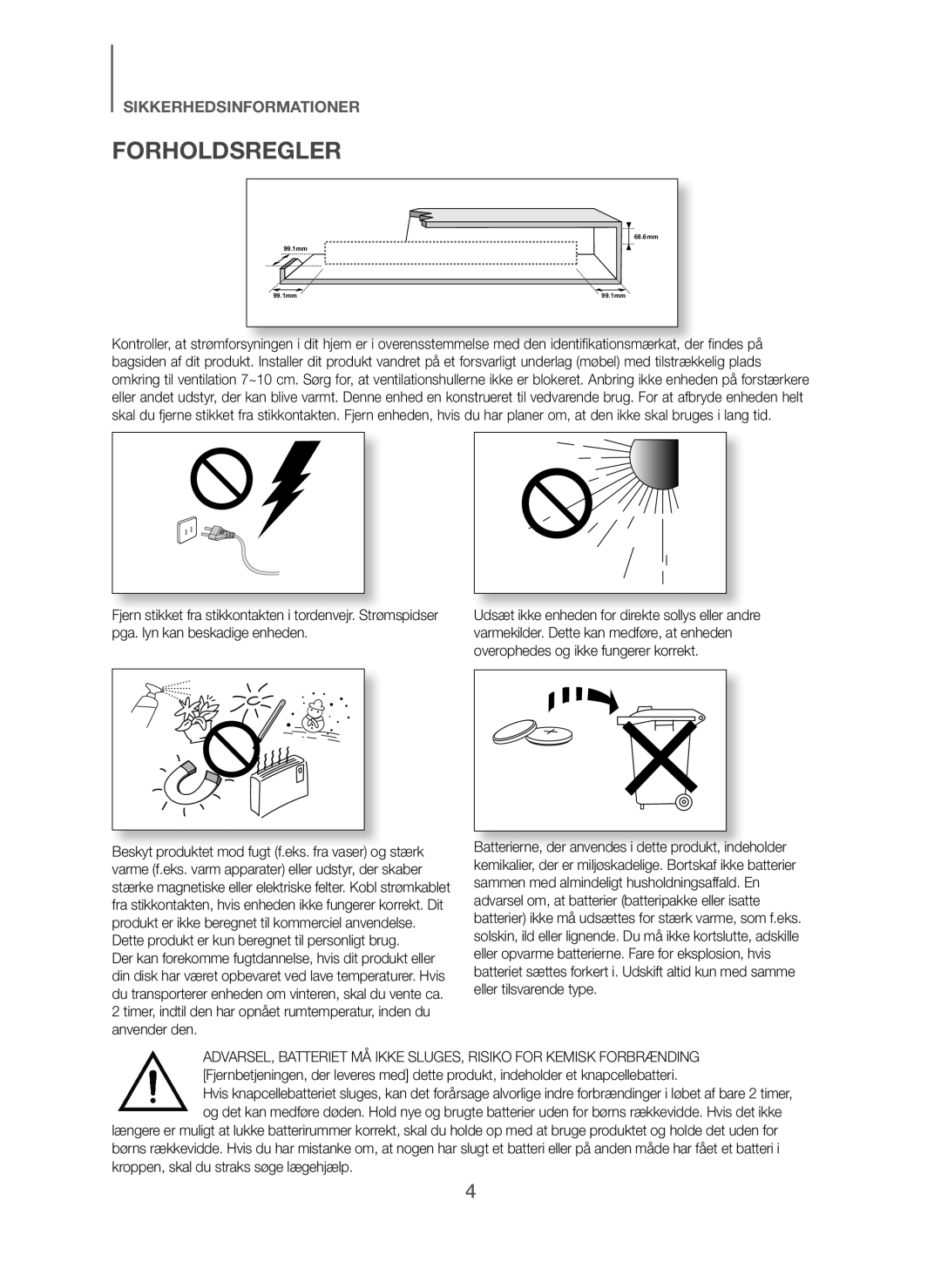 Samsung HW-J260/XE manual Forholdsregler 