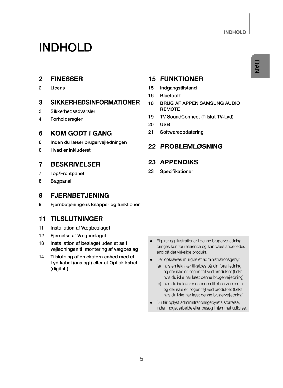 Samsung HW-J260/XE manual Indhold, Der opkræves muligvis et administrationsgebyr 