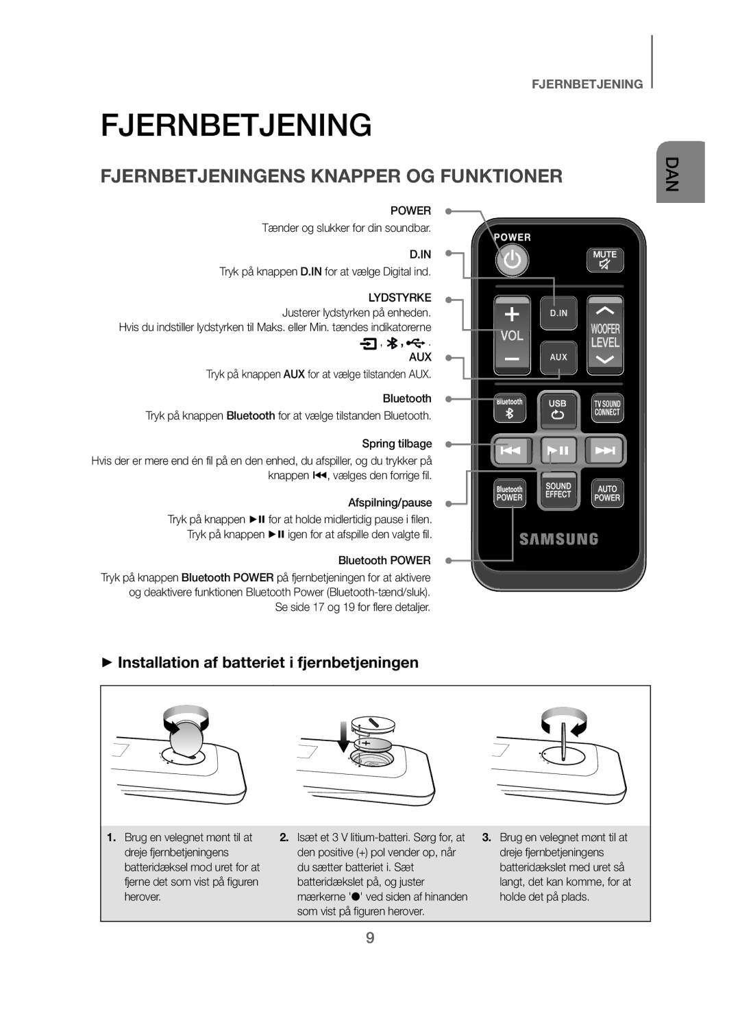 Samsung HW-J260/XE manual Fjernbetjeningens Knapper OG Funktioner, + Installation af batteriet i fjernbetjeningen 