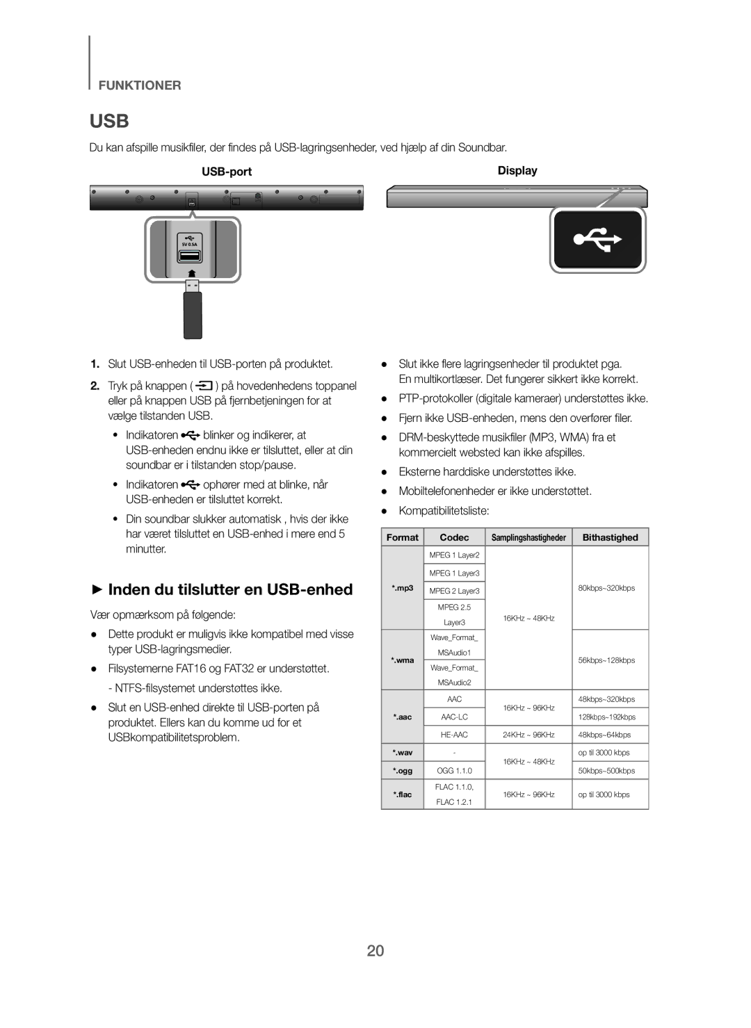 Samsung HW-J260/XE manual + Inden du tilslutter en USB-enhed, Slut USB-enheden til USB-porten på produktet 