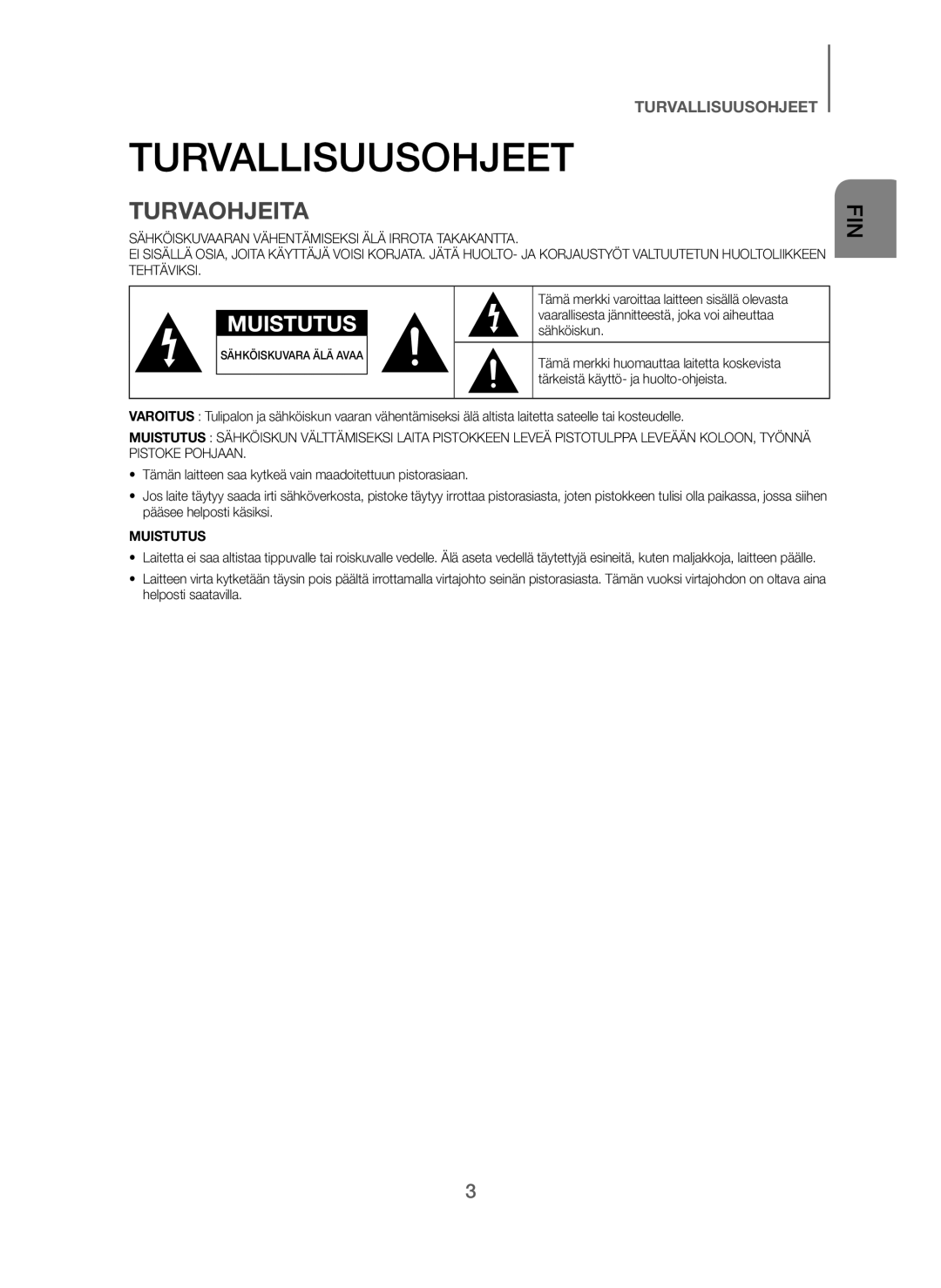 Samsung HW-J260/XE manual Turvallisuusohjeet, Turvaohjeita 