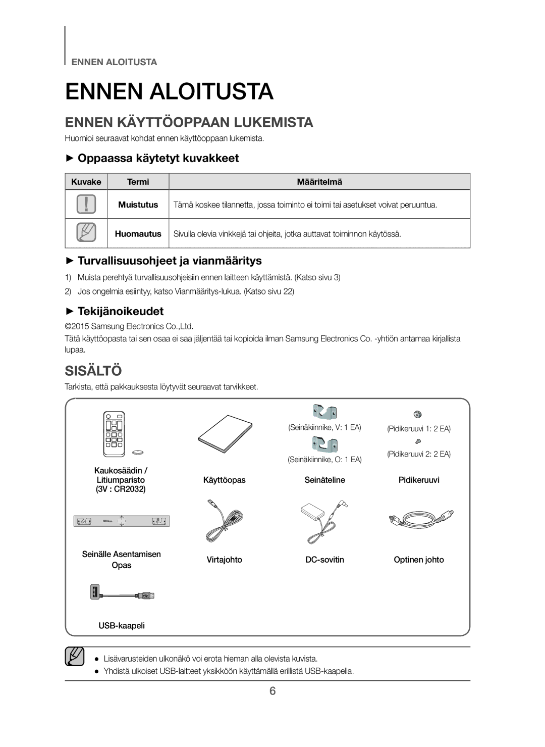 Samsung HW-J260/XE manual Ennen Aloitusta, Ennen Käyttöoppaan Lukemista, Sisältö 