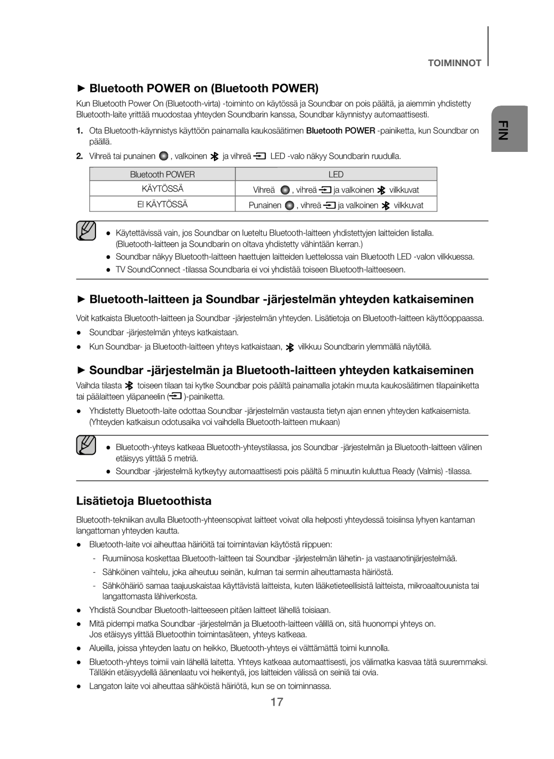 Samsung HW-J260/XE manual + Bluetooth Power on Bluetooth Power, Lisätietoja Bluetoothista, Vihreä Ja valkoinen Vilkkuvat 