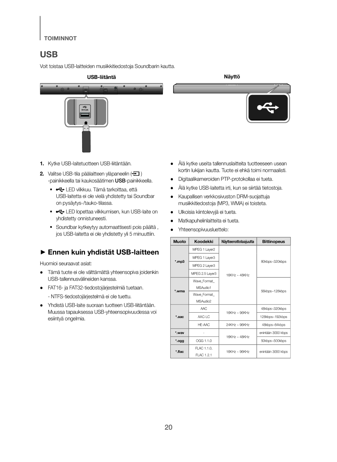 Samsung HW-J260/XE manual + Ennen kuin yhdistät USB-laitteen, USB-liitäntä Näyttö 