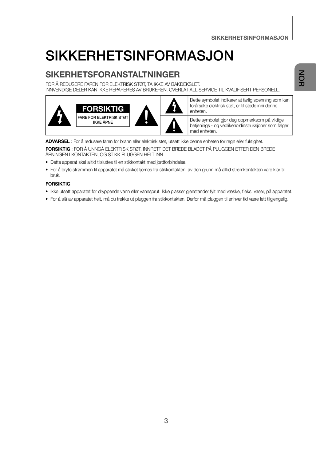 Samsung HW-J260/XE manual Sikkerhetsinformasjon, Sikerhetsforanstaltninger 