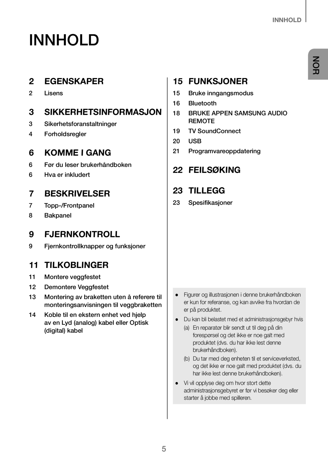 Samsung HW-J260/XE manual Innhold, Tilkoblinger 