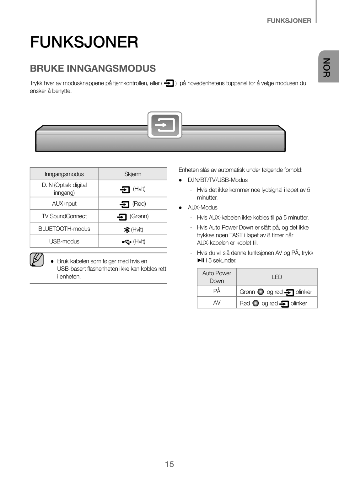 Samsung HW-J260/XE manual Funksjoner, Bruke Inngangsmodus 