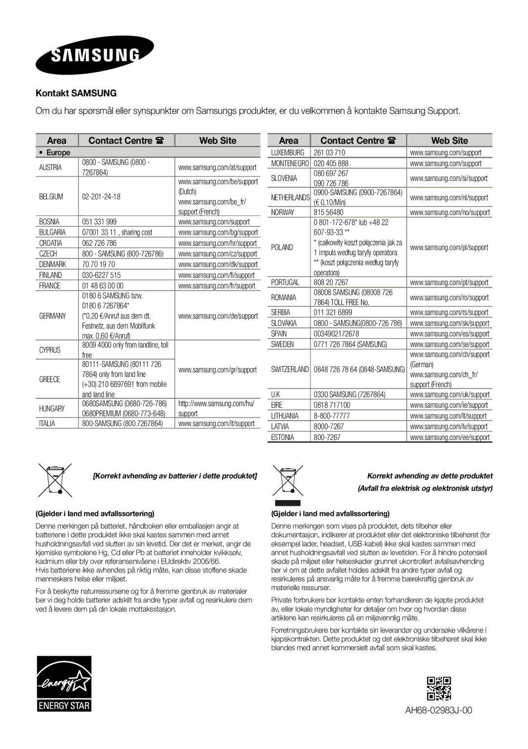 Samsung HW-J260/XE manual AH68-02983J-00, Korrekt avhending av batterier i dette produktet 