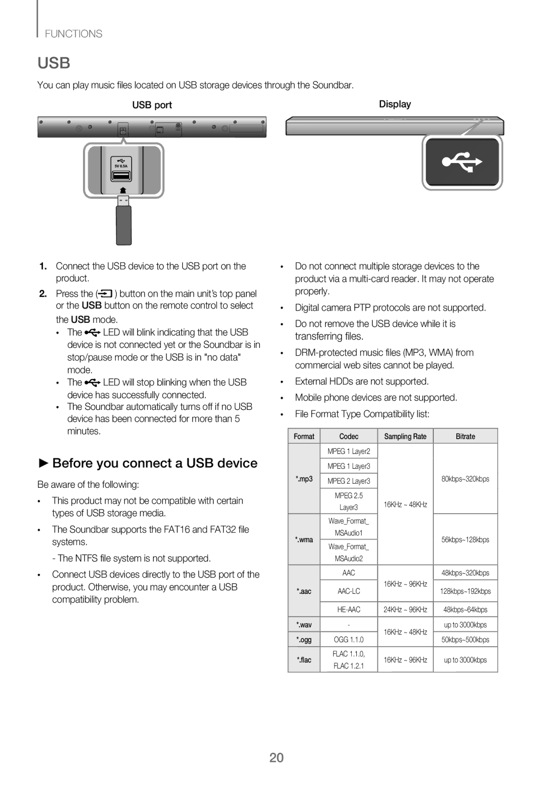 Samsung HW-J260/XE manual Usb, Before you connect a USB device 