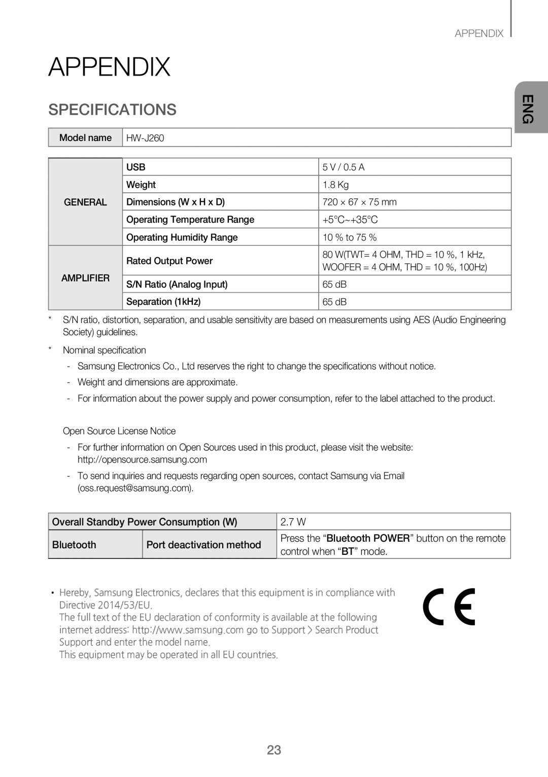 Samsung HW-J260/XE manual Appendix, Specifications, Model name HW-J260, 0.5 a, Weight 