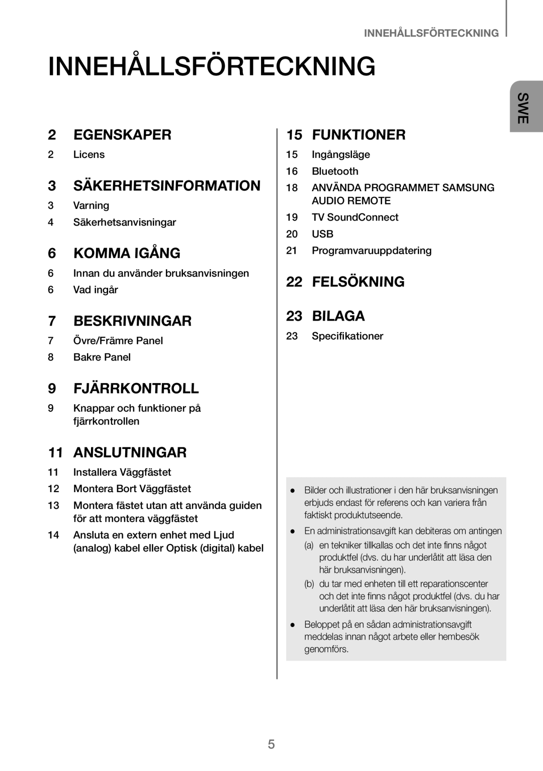 Samsung HW-J260/XE manual Innehållsförteckning, Anslutningar 