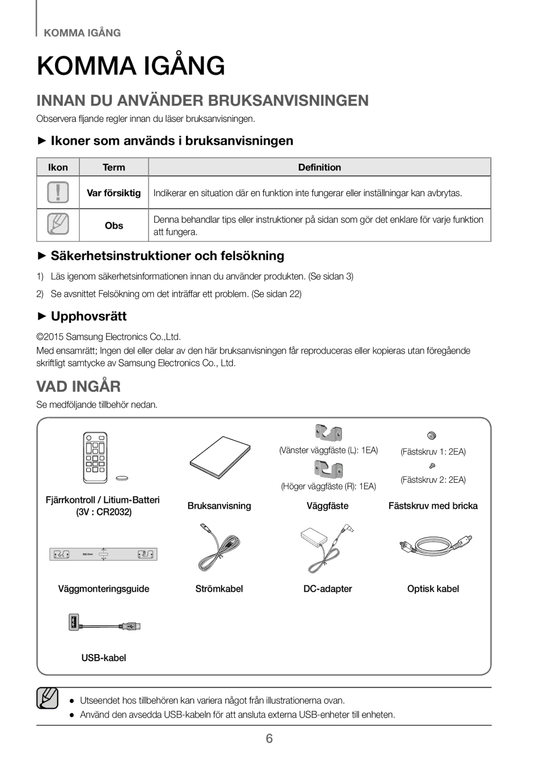 Samsung HW-J260/XE manual Komma Igång, Innan DU Använder Bruksanvisningen, VAD Ingår 