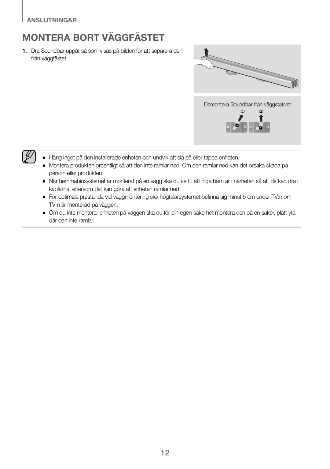 Samsung HW-J260/XE manual Montera Bort Väggfästet 