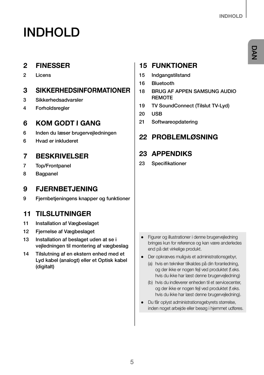 Samsung HW-J260/XE manual Indhold, Der opkræves muligvis et administrationsgebyr 