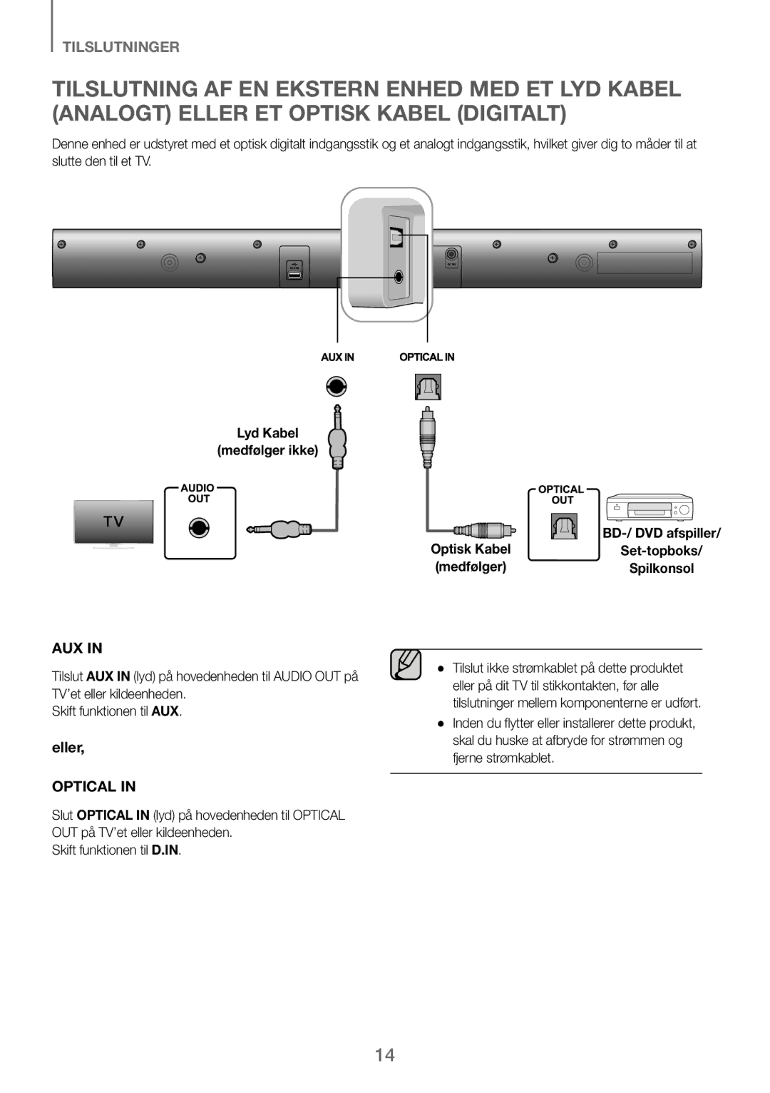 Samsung HW-J260/XE manual Lyd Kabel Medfølger ikke, Set-topboks 