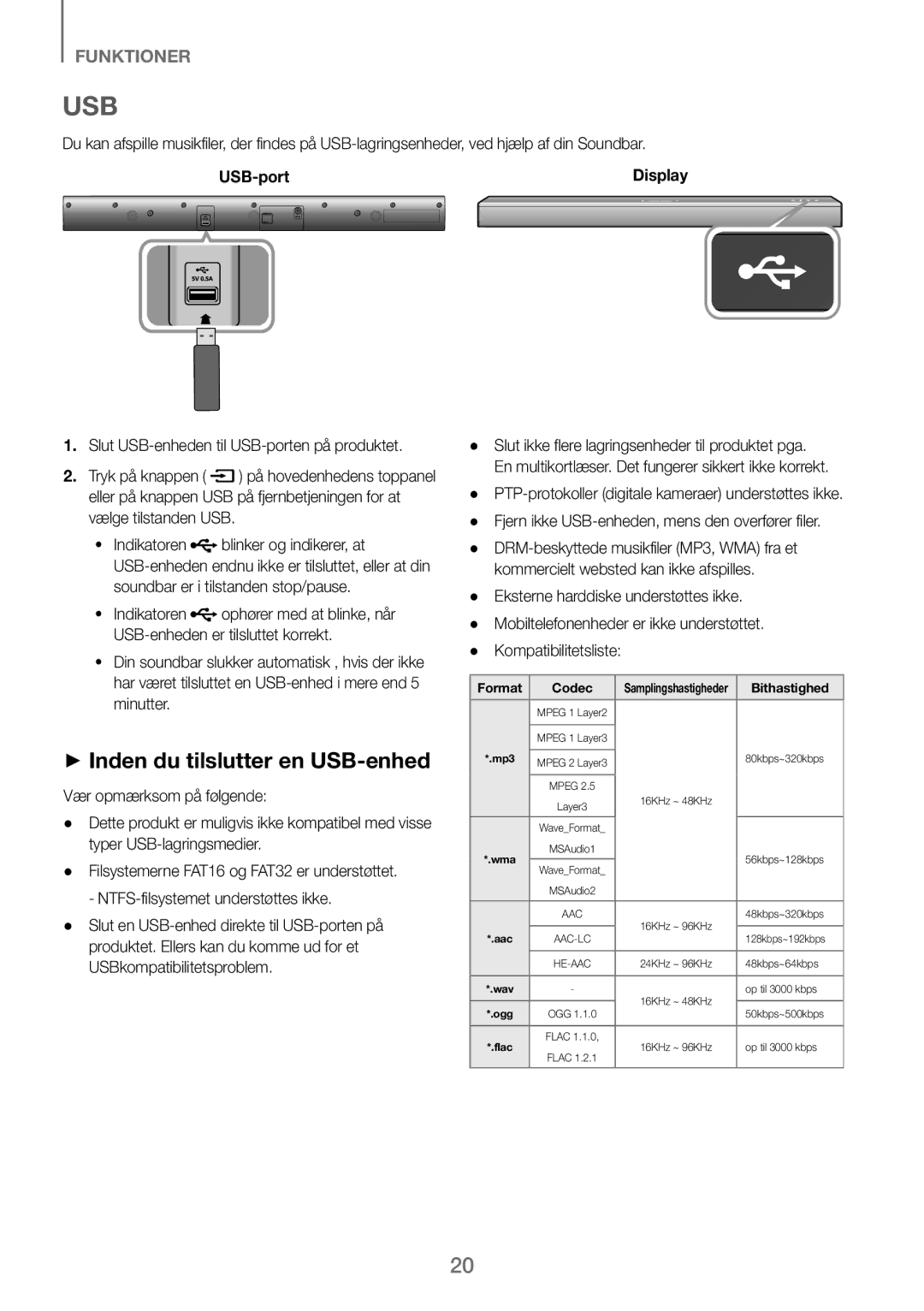 Samsung HW-J260/XE manual ++Inden du tilslutter en USB-enhed, Slut USB-enheden til USB-porten på produktet 