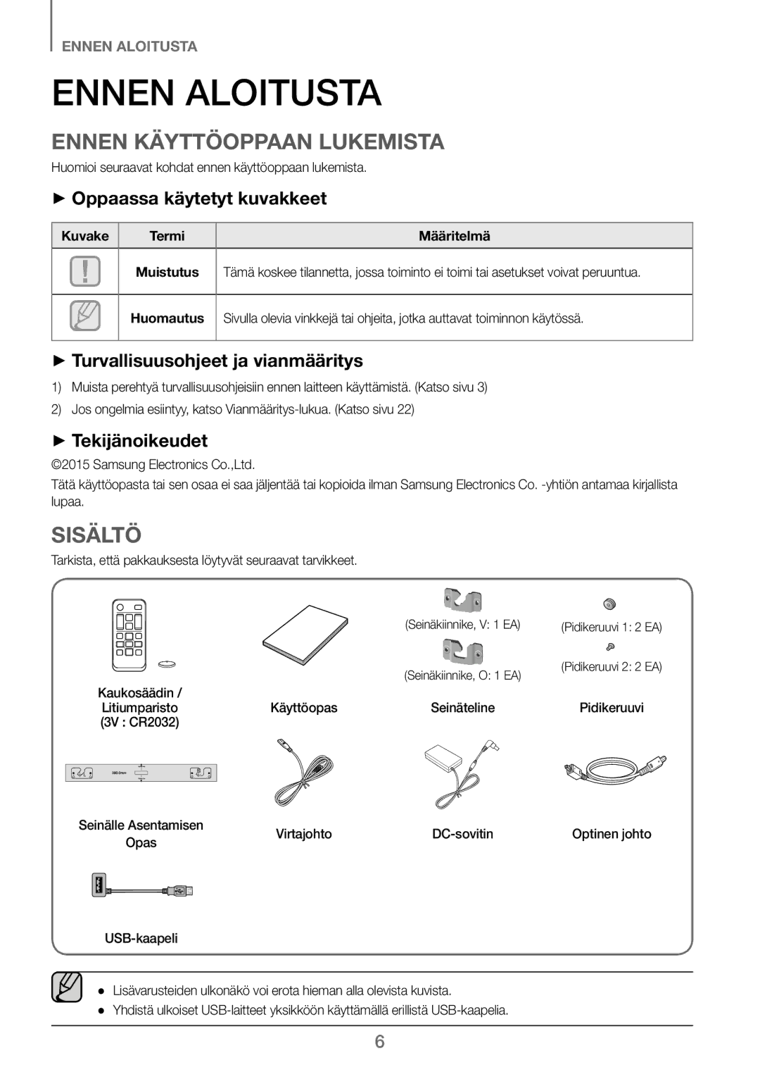 Samsung HW-J260/XE manual Ennen Aloitusta, Ennen Käyttöoppaan Lukemista, Sisältö 