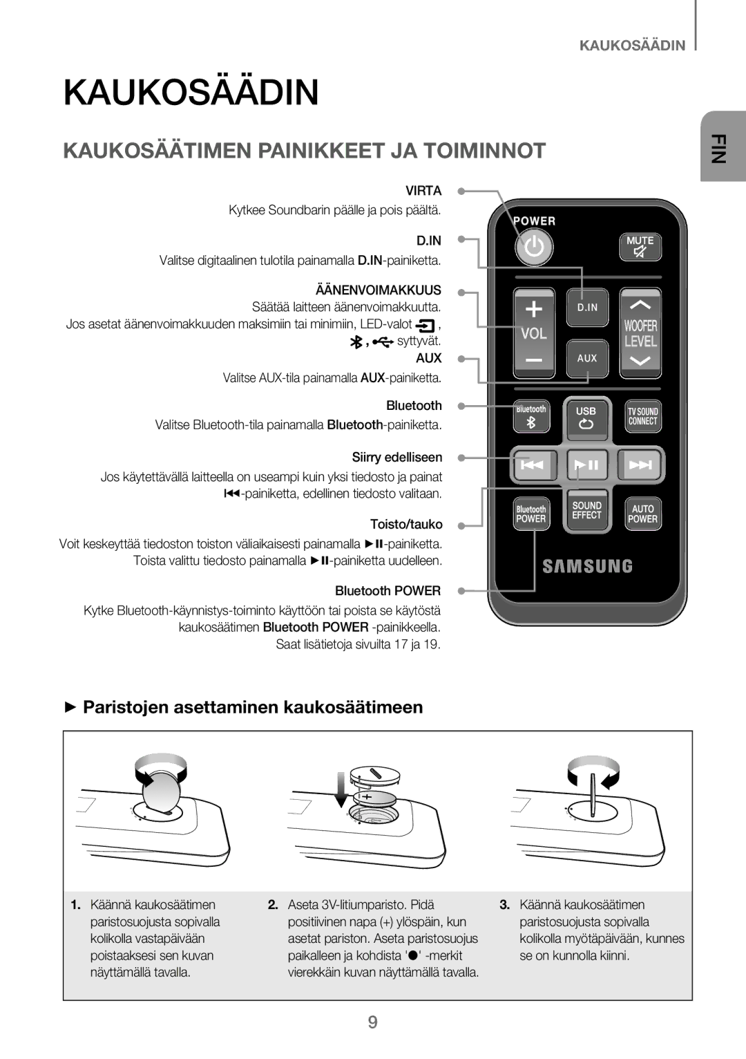 Samsung HW-J260/XE manual Kaukosäädin, Kaukosäätimen Painikkeet JA Toiminnot, ++Paristojen asettaminen kaukosäätimeen 