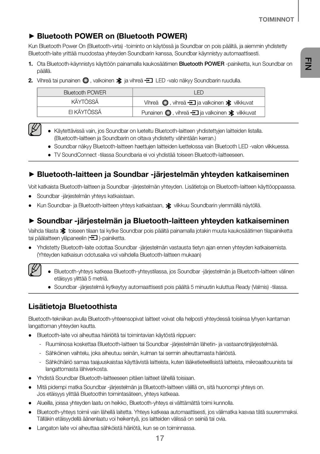 Samsung HW-J260/XE manual ++Bluetooth Power on Bluetooth Power, Lisätietoja Bluetoothista, Vihreä Ja valkoinen Vilkkuvat 