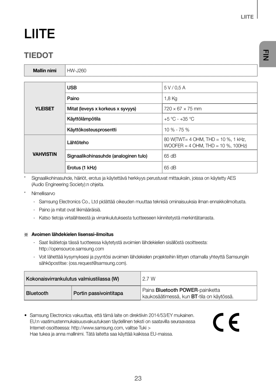 Samsung HW-J260/XE manual Liite, Tiedot, Aa Avoimen lähdekielen lisenssi-ilmoitus, Sähköpostitse oss.request@samsung.com 