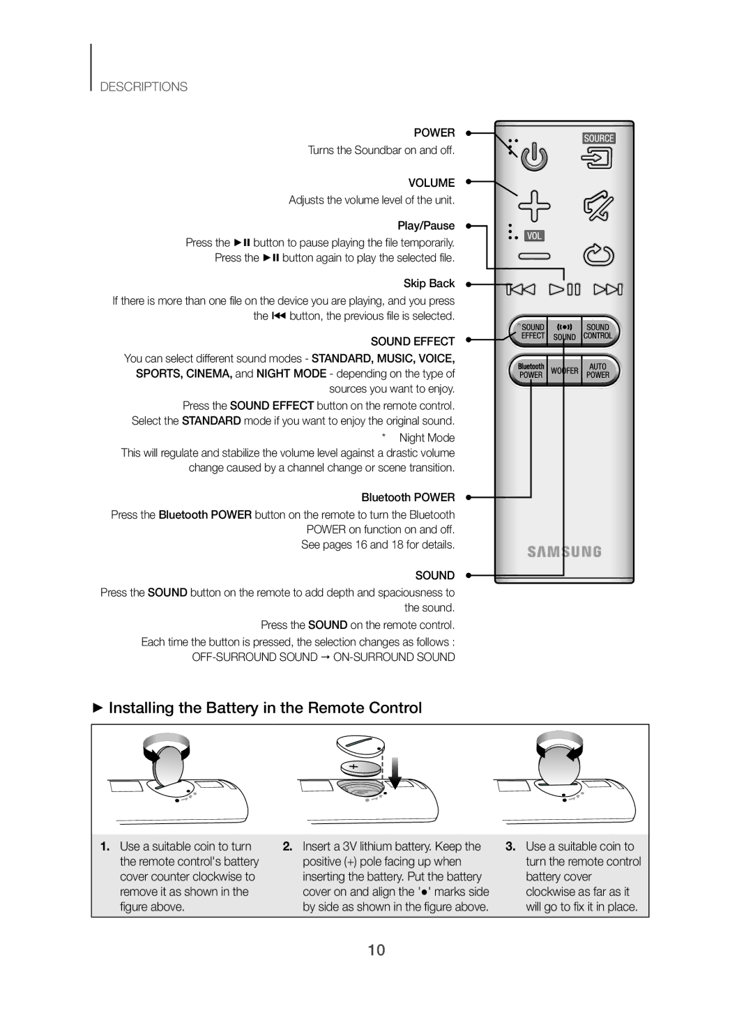 Samsung HW-J355/EN manual ++Installing the Battery in the Remote Control, Turns the Soundbar on and off 