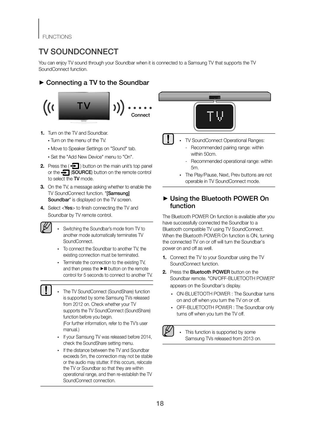 Samsung HW-J355/EN manual TV Soundconnect, ++Connecting a TV to the Soundbar, ++Using the Bluetooth Power On function 