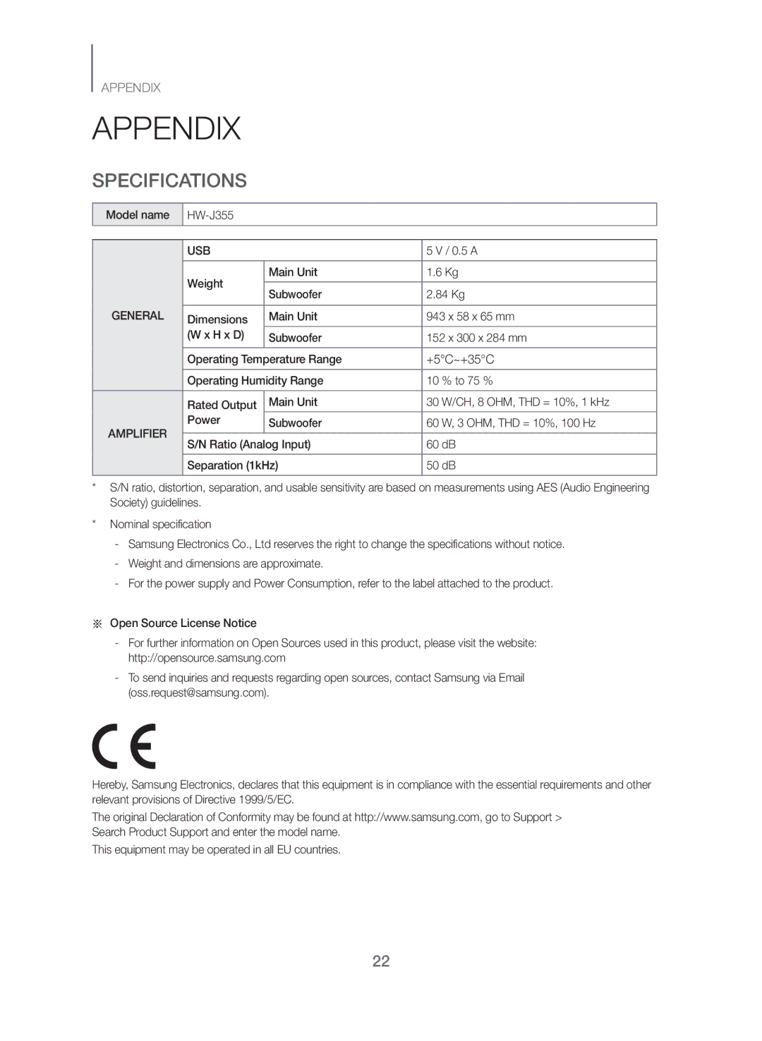 Samsung HW-J355/EN manual Appendix, Specifications, 0.5 a, Weight Main Unit 