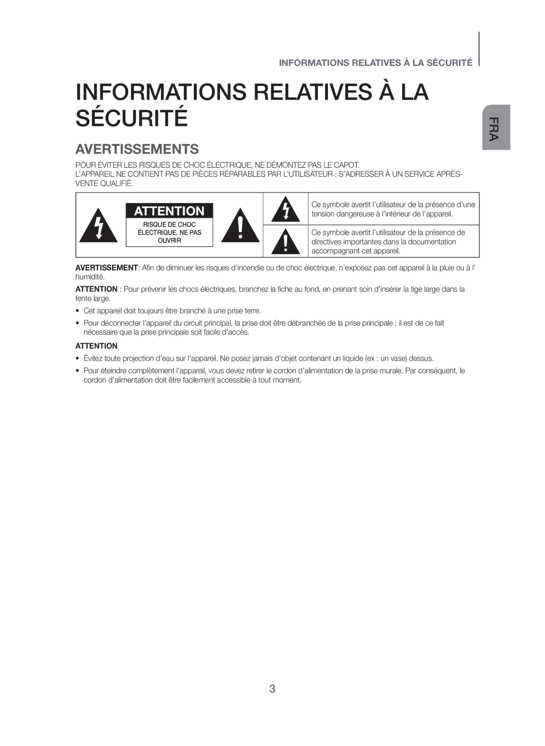 Samsung HW-J355/EN manual Informations Relatives À LA Sécurité, Avertissements 