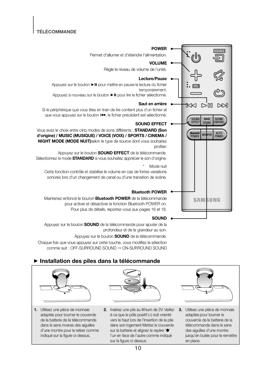 Samsung HW-J355/EN manual ++Installation des piles dans la télécommande, Permet d’allumer et d’éteindre l’alimentation 