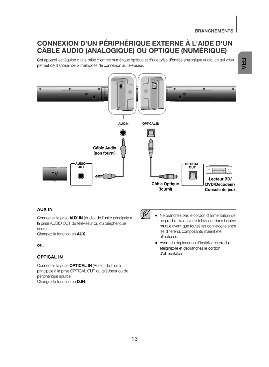 Samsung HW-J355/EN manual Aux, Câble Audio non fourni Lecteur BD 