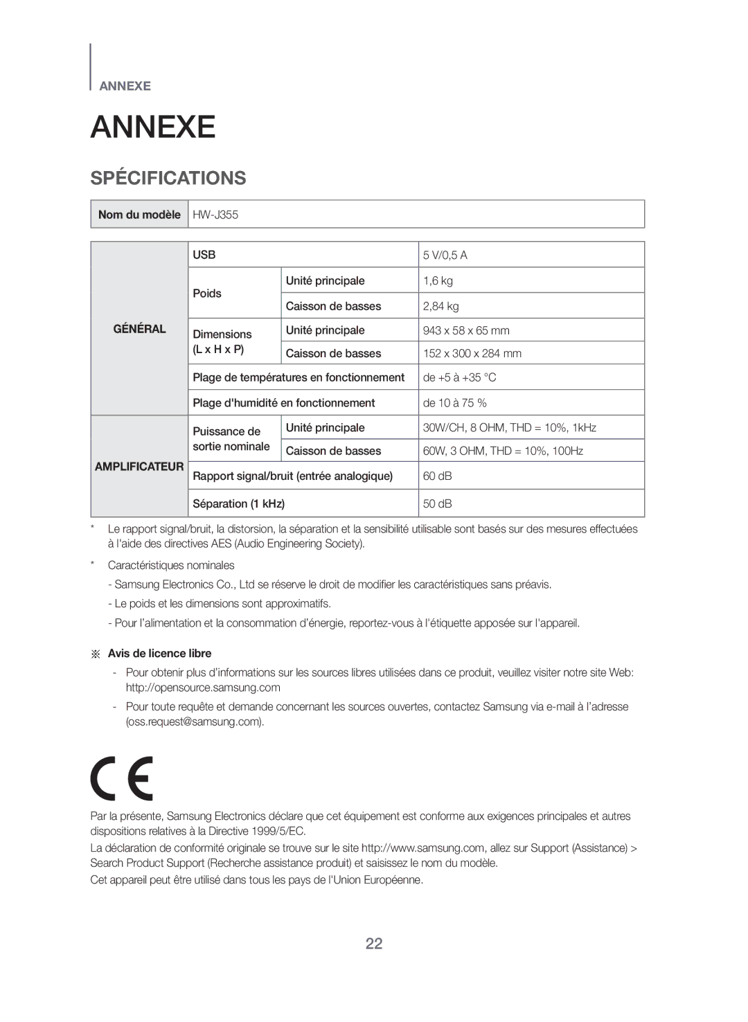 Samsung HW-J355/EN manual Annexe, Spécifications, Nom du modèle, Aa Avis de licence libre 