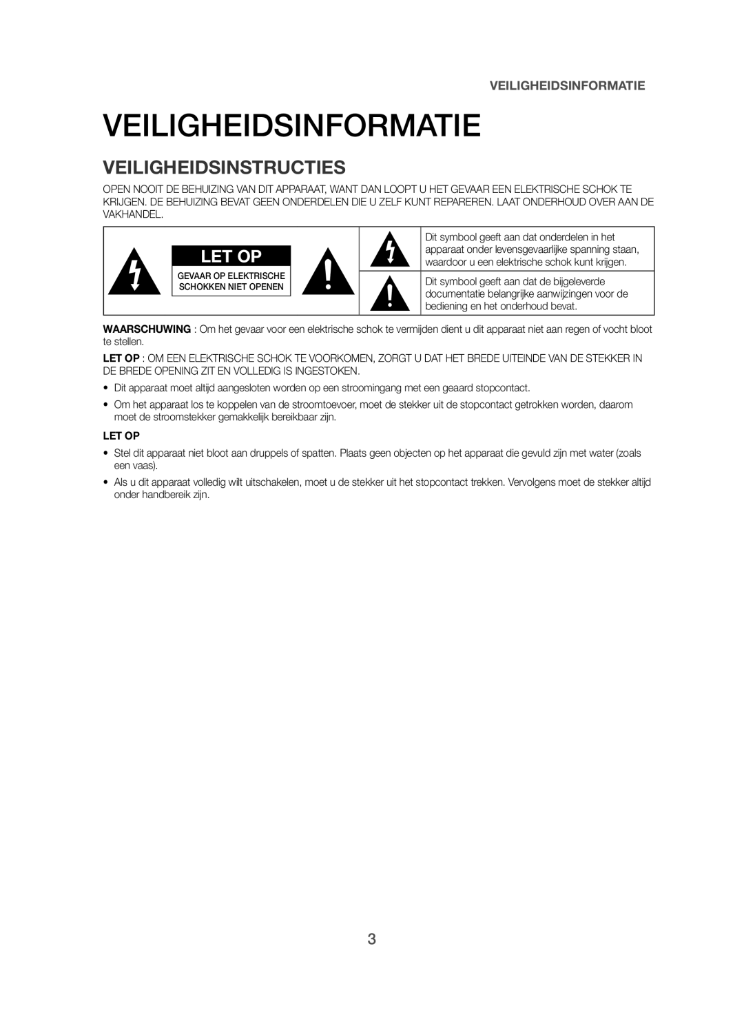 Samsung HW-J355/EN manual Veiligheidsinformatie, Veiligheidsinstructies 