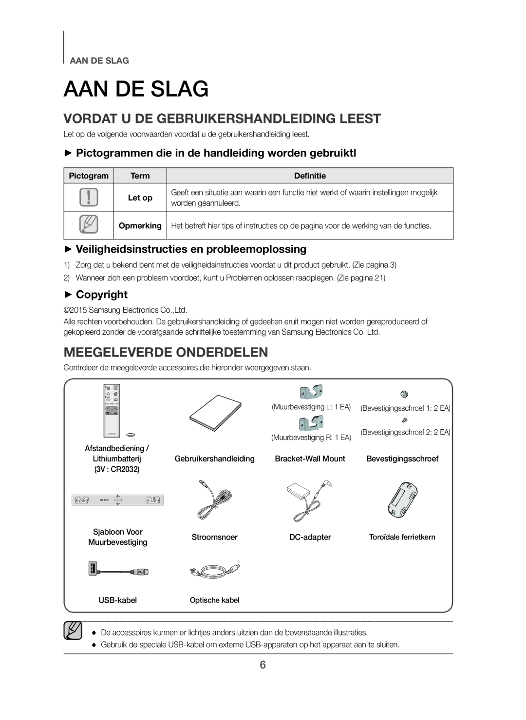 Samsung HW-J355/EN manual AAN DE Slag, Vordat U DE Gebruikershandleiding Leest, Meegeleverde Onderdelen 