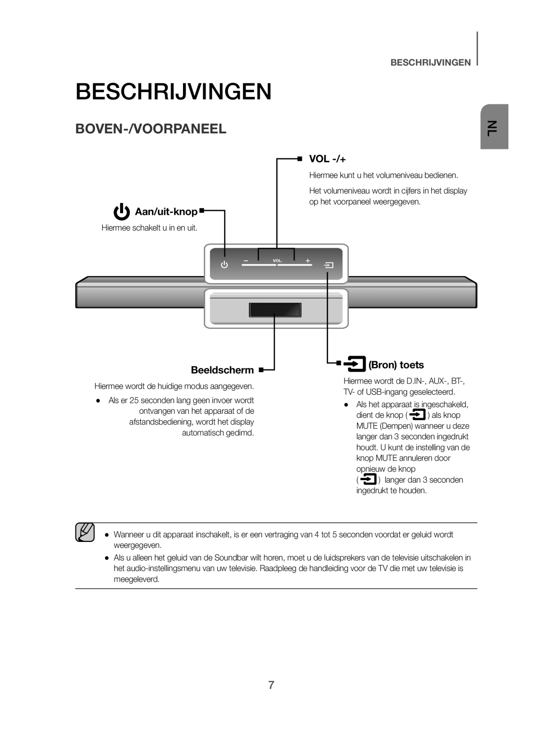 Samsung HW-J355/EN manual Beschrijvingen, Boven-/Voorpaneel, Hiermee schakelt u in en uit, Als het apparaat is ingeschakeld 