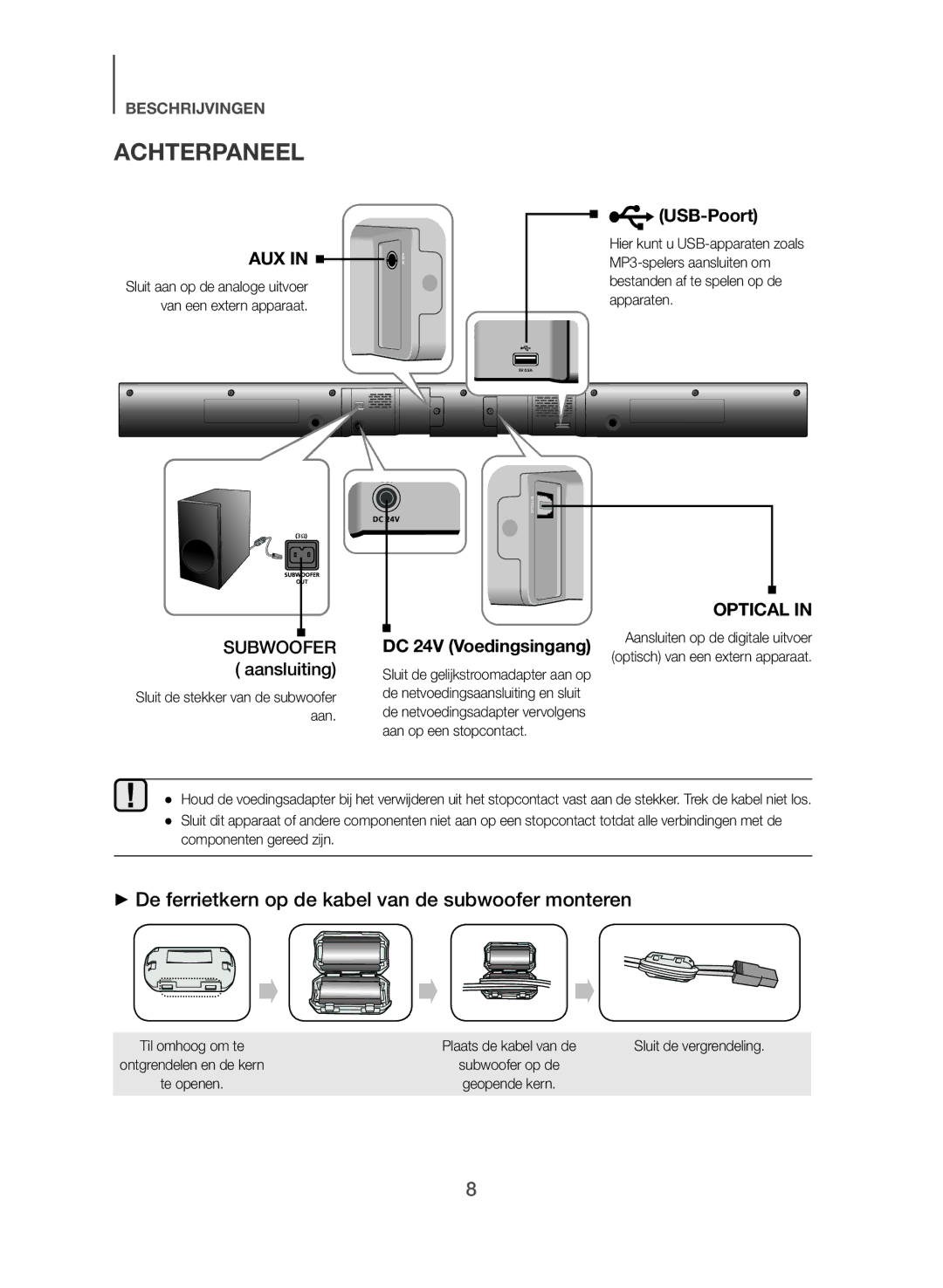 Samsung HW-J355/EN manual Achterpaneel, ++De ferrietkern op de kabel van de subwoofer monteren 