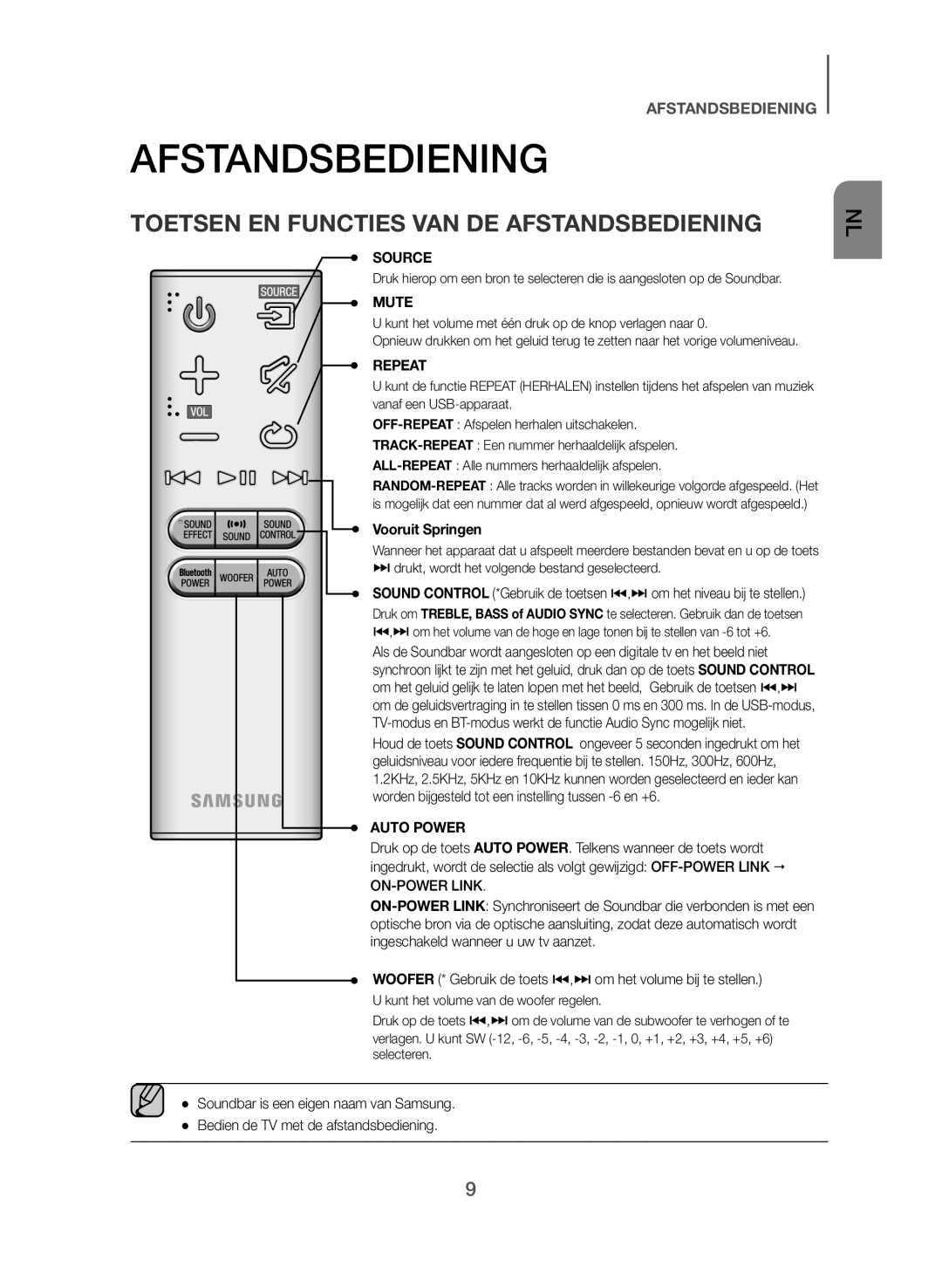 Samsung HW-J355/EN manual Toetsen EN Functies VAN DE Afstandsbediening, Vooruit Springen 