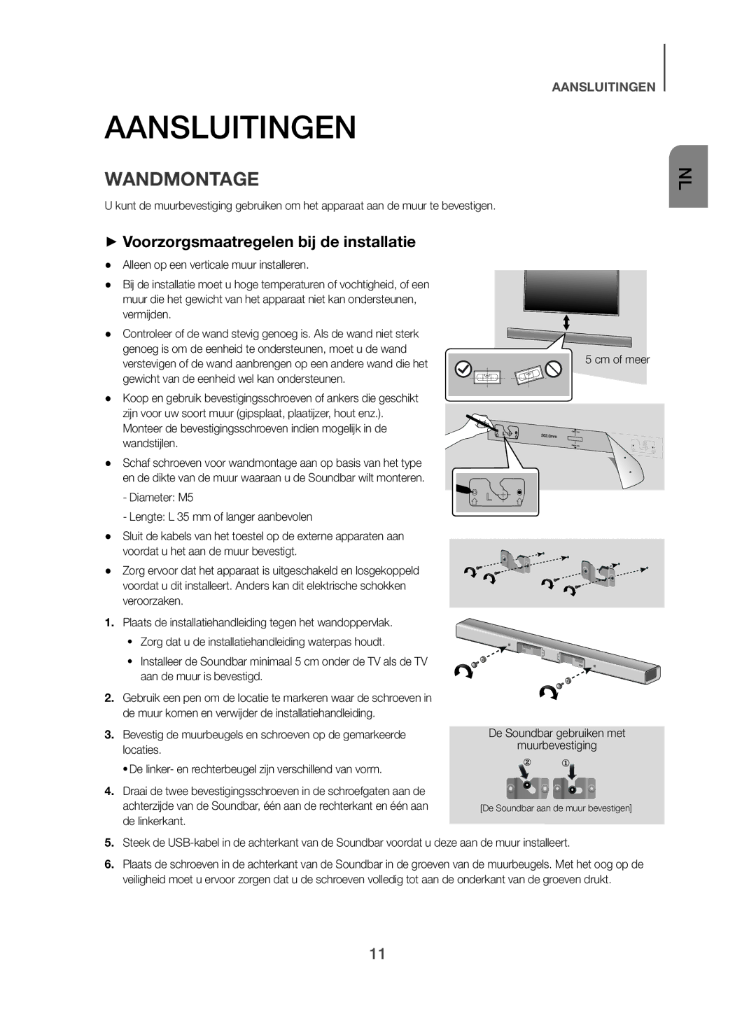 Samsung HW-J355/EN manual Aansluitingen, Wandmontage, ++Voorzorgsmaatregelen bij de installatie, Cm of meer 