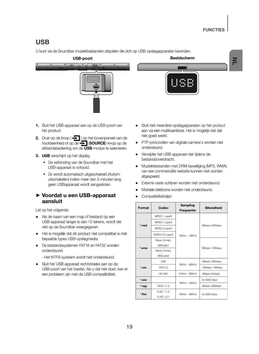 Samsung HW-J355/EN manual ++Voordat u een USB-apparaat aansluit, USB-poort, Let op het volgende, Compatibiliteitslijst 