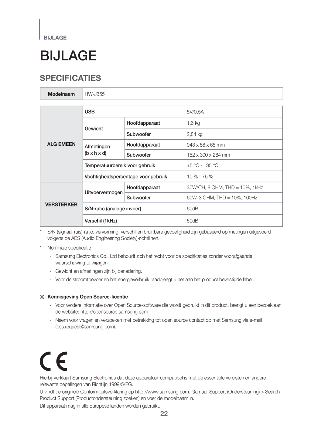 Samsung HW-J355/EN manual Bijlage, Specificaties, Modelnaam, Aa Kennisgeving Open Source-licentie 