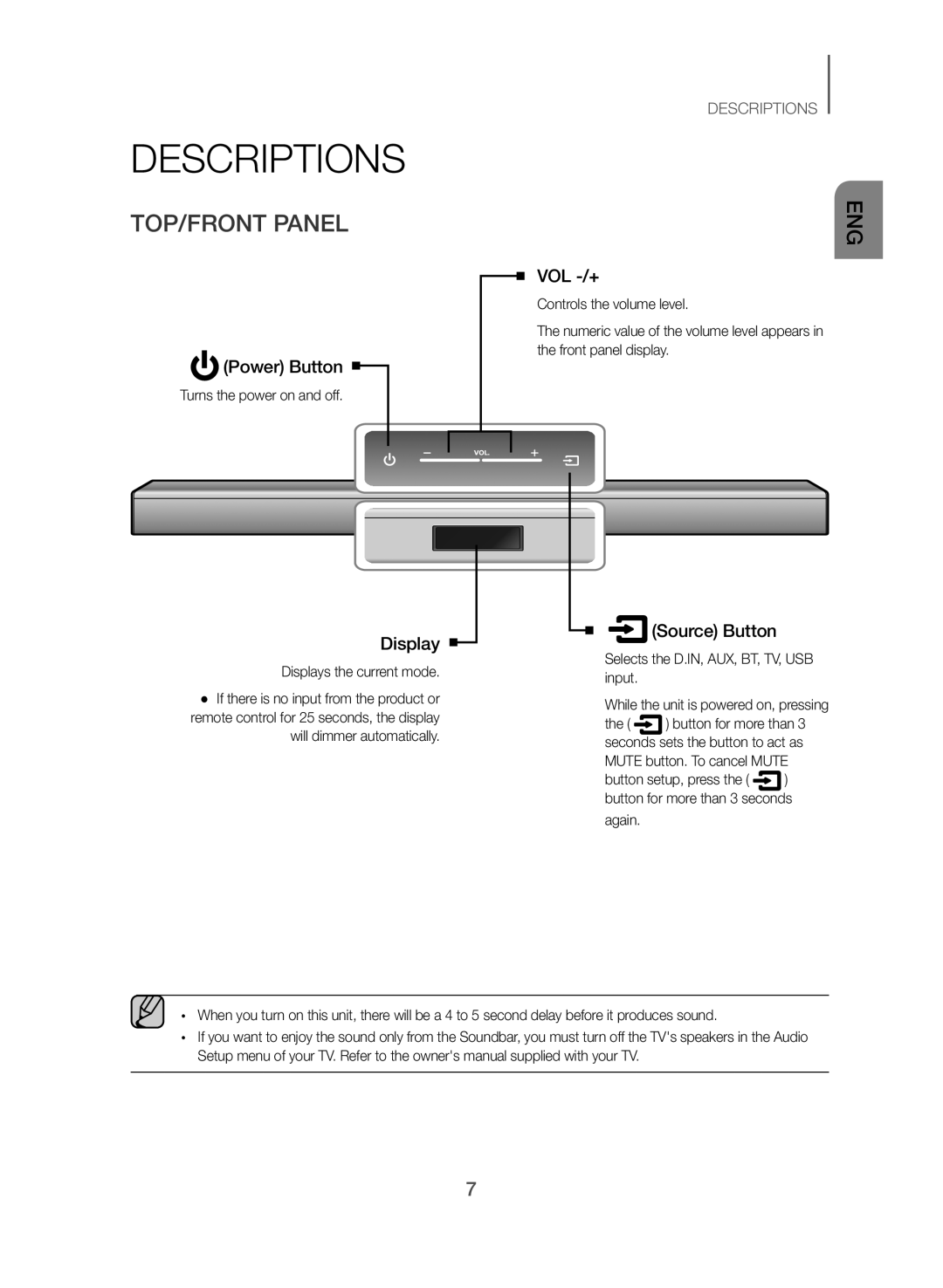 Samsung HW-J355/EN manual Descriptions, TOP/FRONT Panel, Turns the power on and off, Displays the current mode 