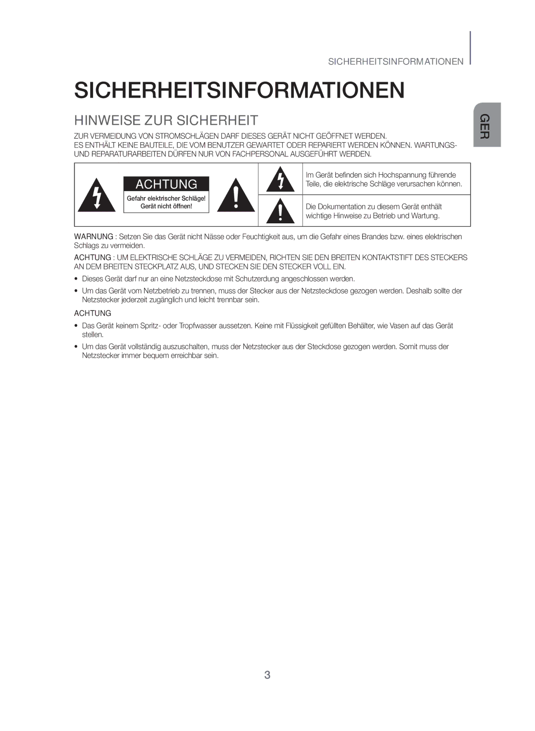 Samsung HW-J355/EN manual Sicherheitsinformationen, Hinweise ZUR Sicherheit 