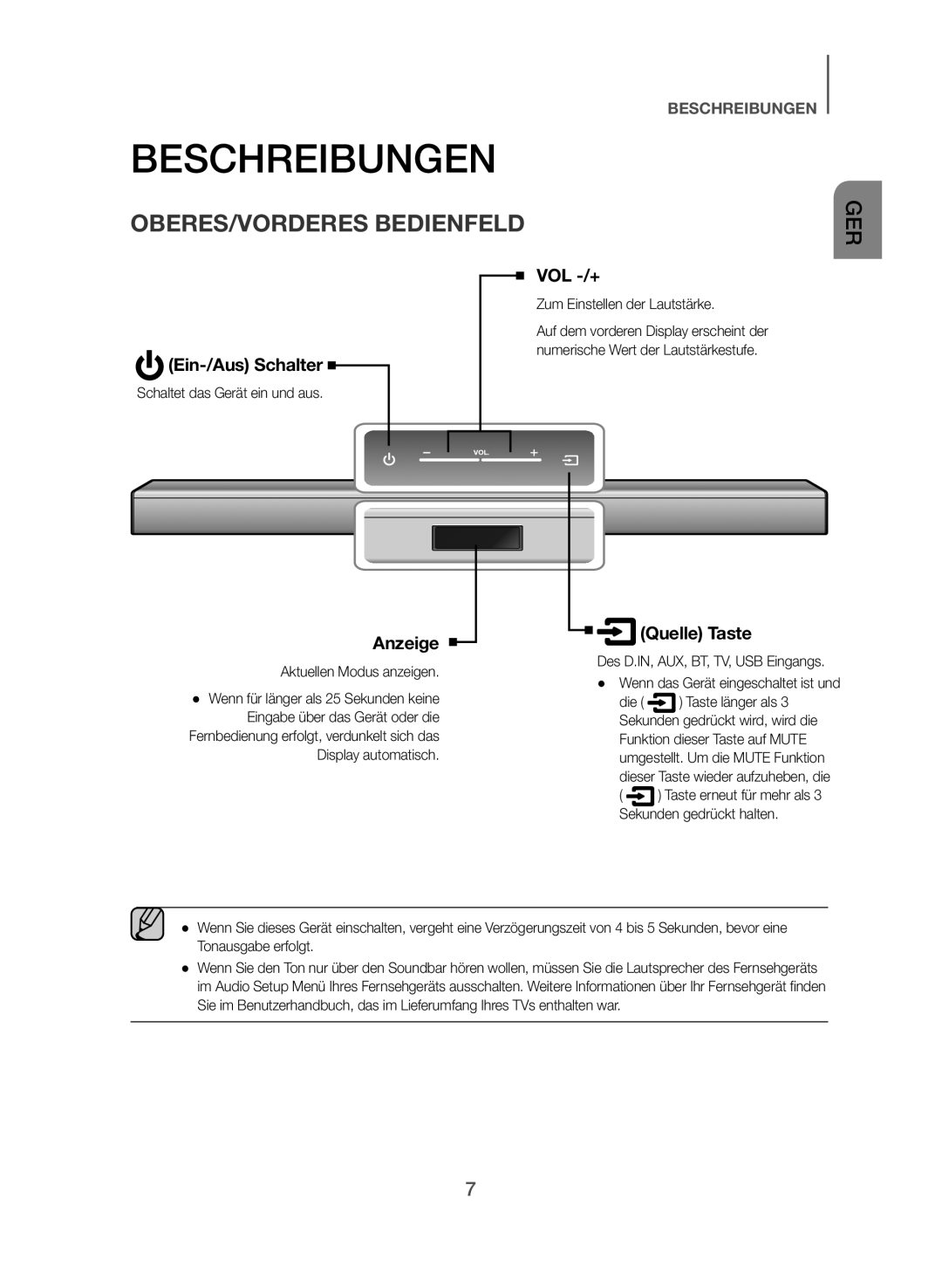 Samsung HW-J355/EN manual Beschreibungen, OBERES/VORDERES Bedienfeld, Schaltet das Gerät ein und aus, Quelle Taste 