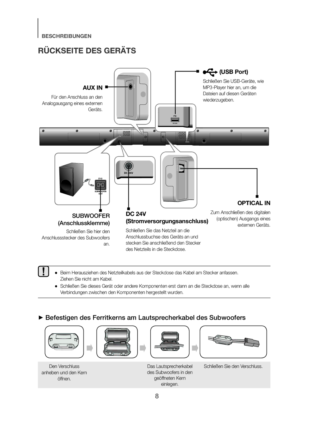 Samsung HW-J355/EN manual Rückseite DES Geräts, Schließen Sie hier den Anschlussstecker des Subwoofers an 