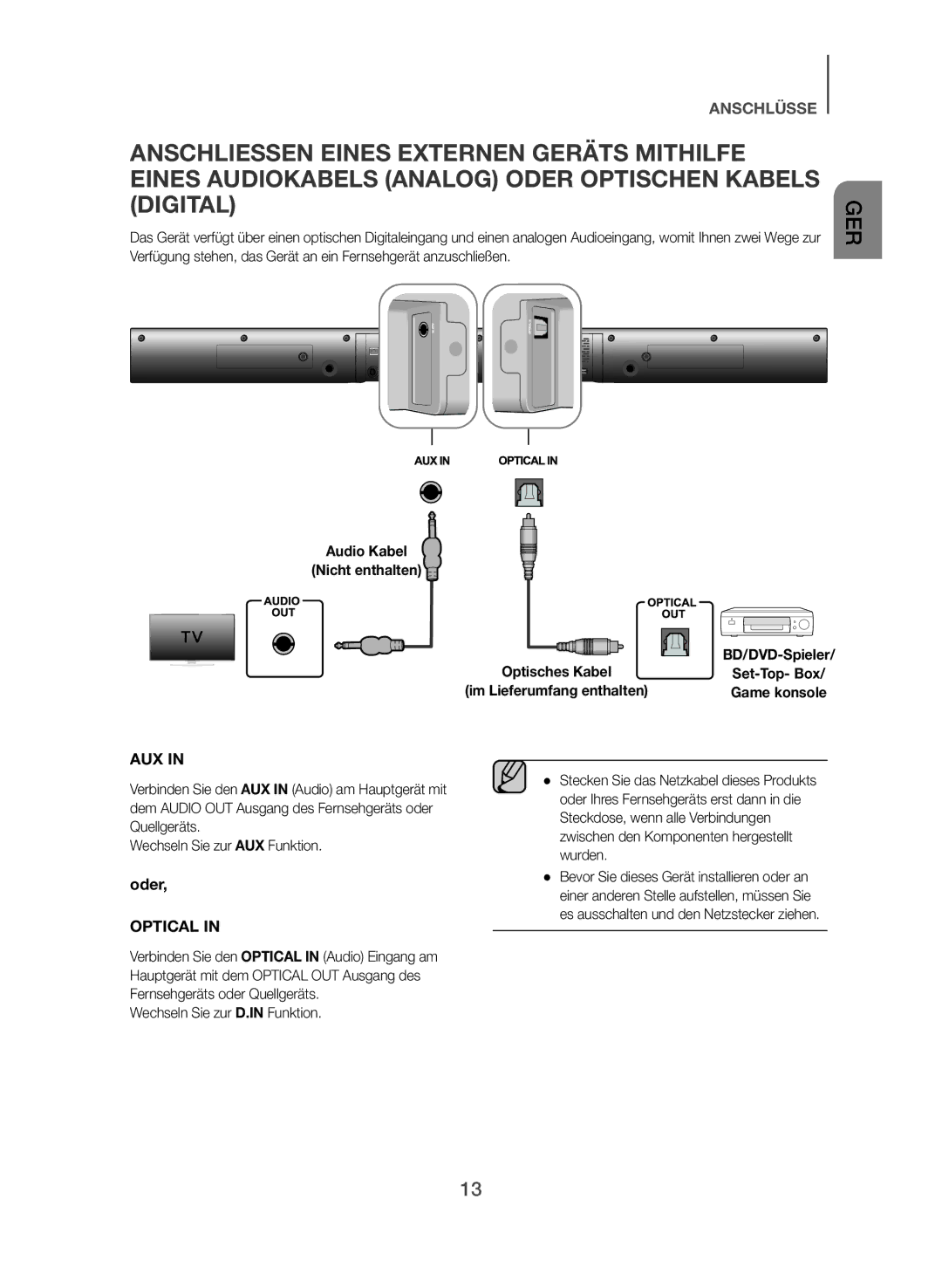 Samsung HW-J355/EN manual Audio Kabel Nicht enthalten 