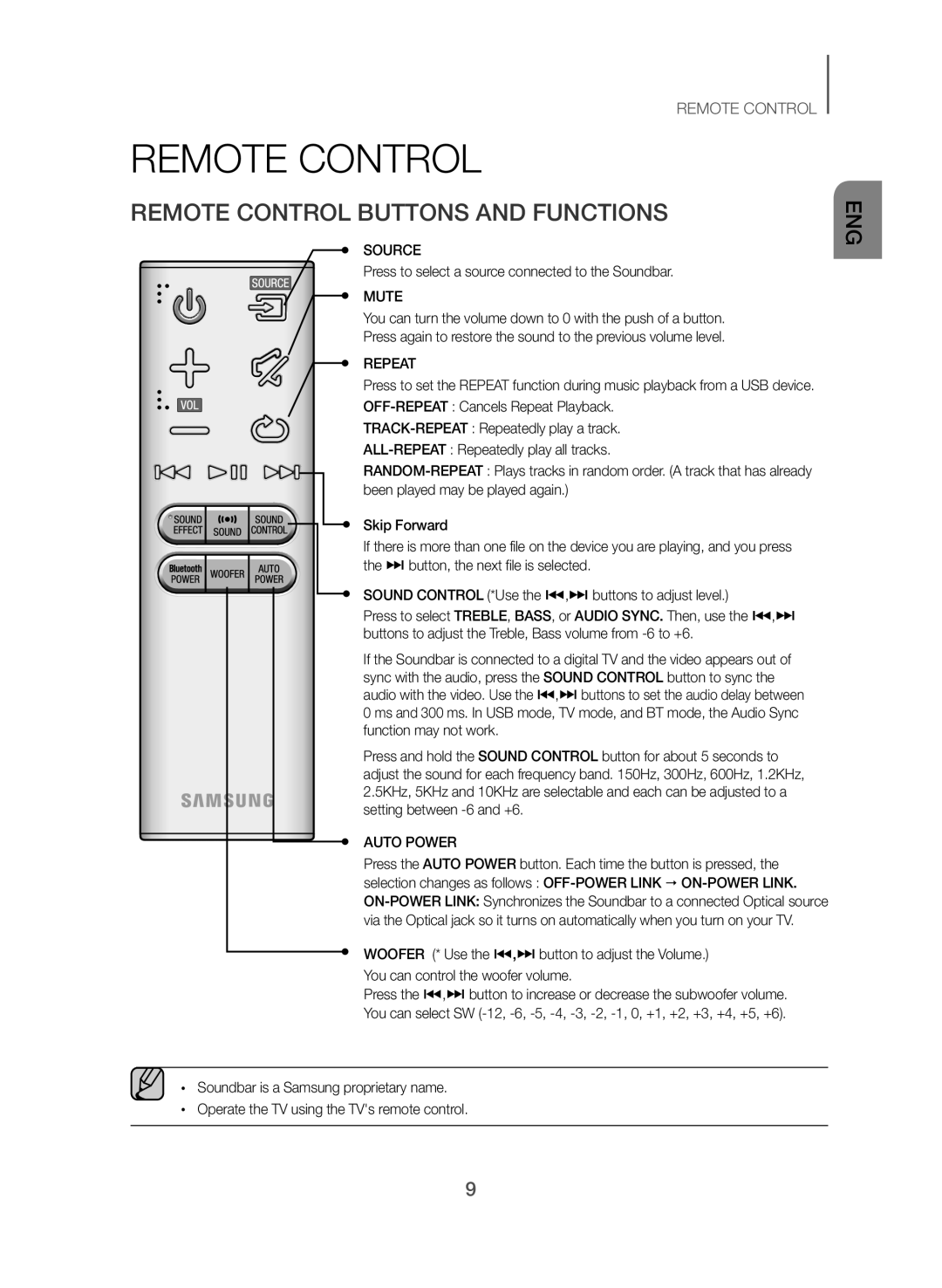 Samsung HW-J355/EN manual Remote Control Buttons and Functions, Press to select a source connected to the Soundbar 