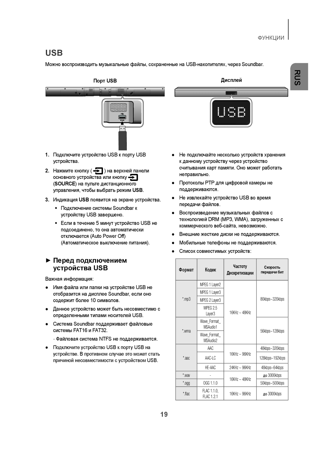 Samsung HW-J355/RU manual Usb, ++Перед подключением устройства USB, Порт USB, Кодек 