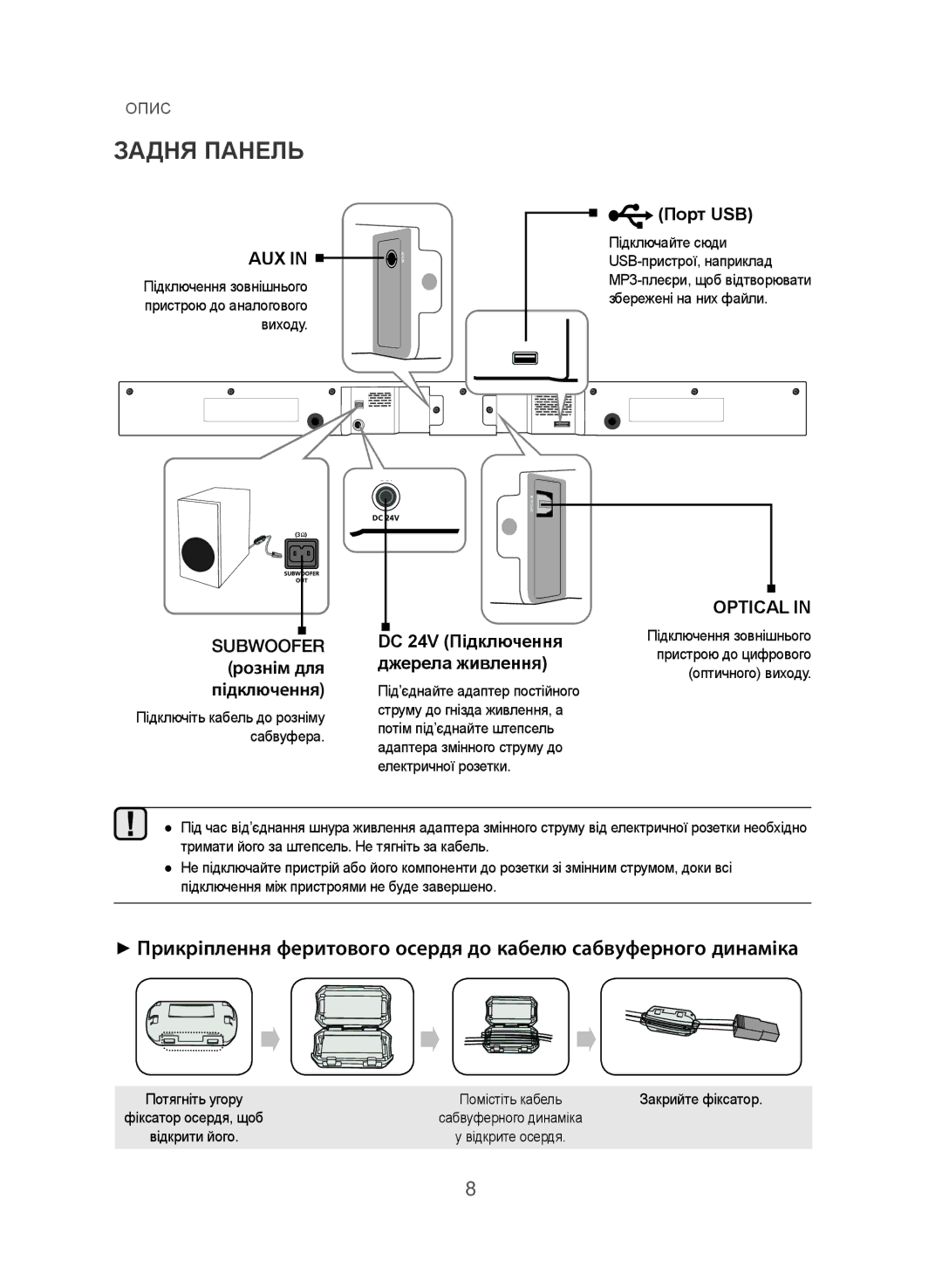 Samsung HW-J355/RU manual Задня Панель, Підключення зовнішнього пристрою до аналогового виходу 