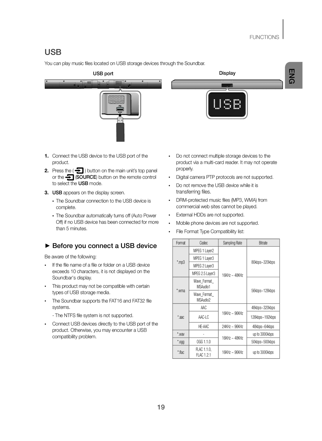 Samsung HW-J355/SQ manual Usb, ++Before you connect a USB device, Connect the USB device to the USB port of the product 