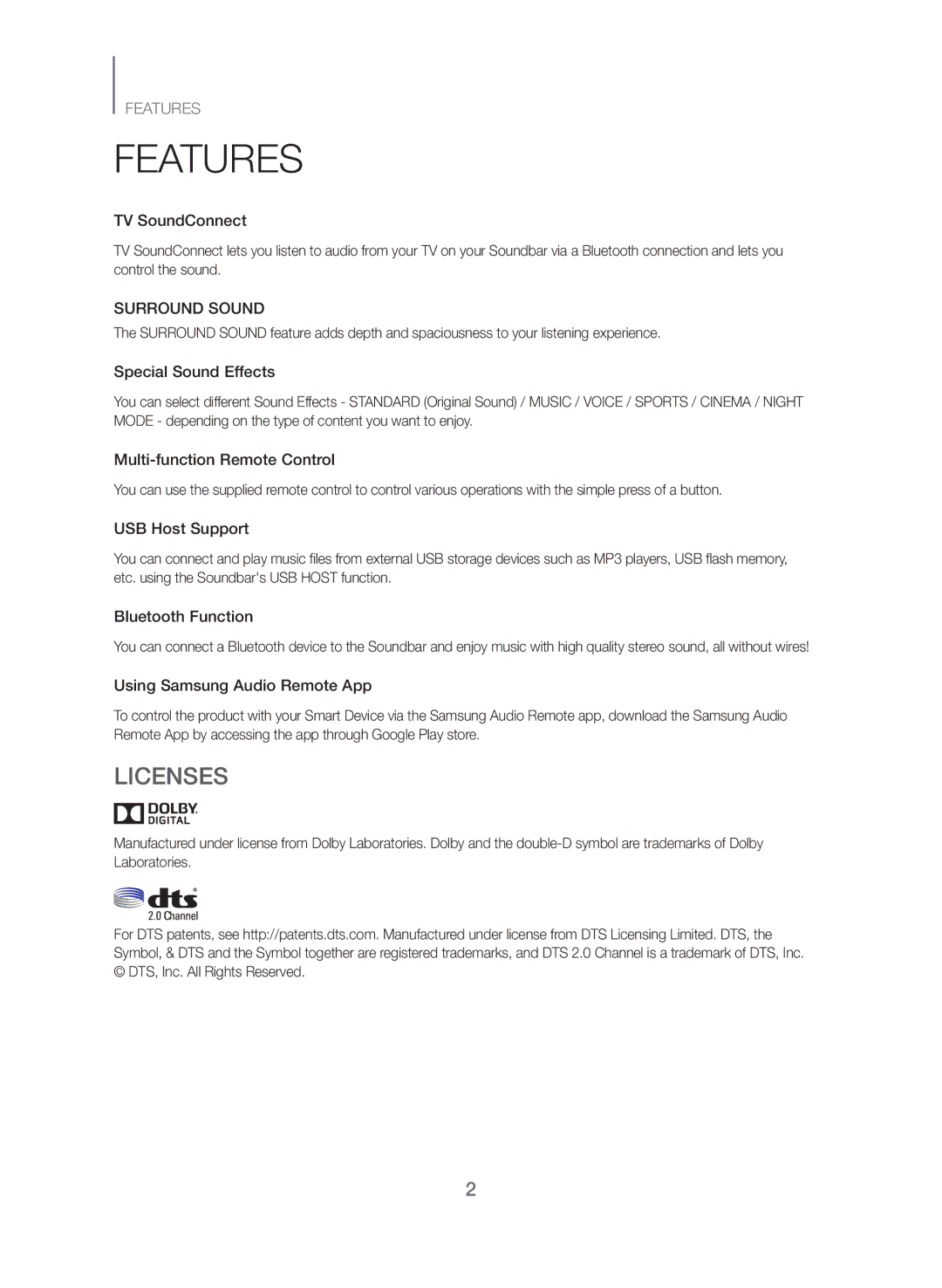 Samsung HW-J355/SQ manual Features, Licenses 